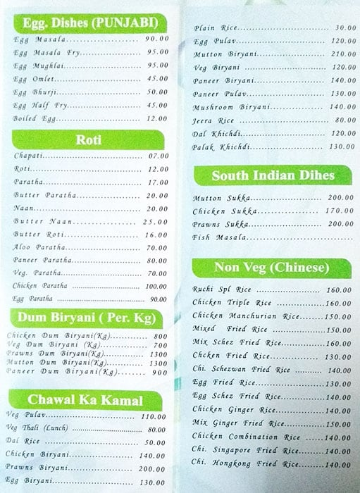 Ruchi Milan menu 