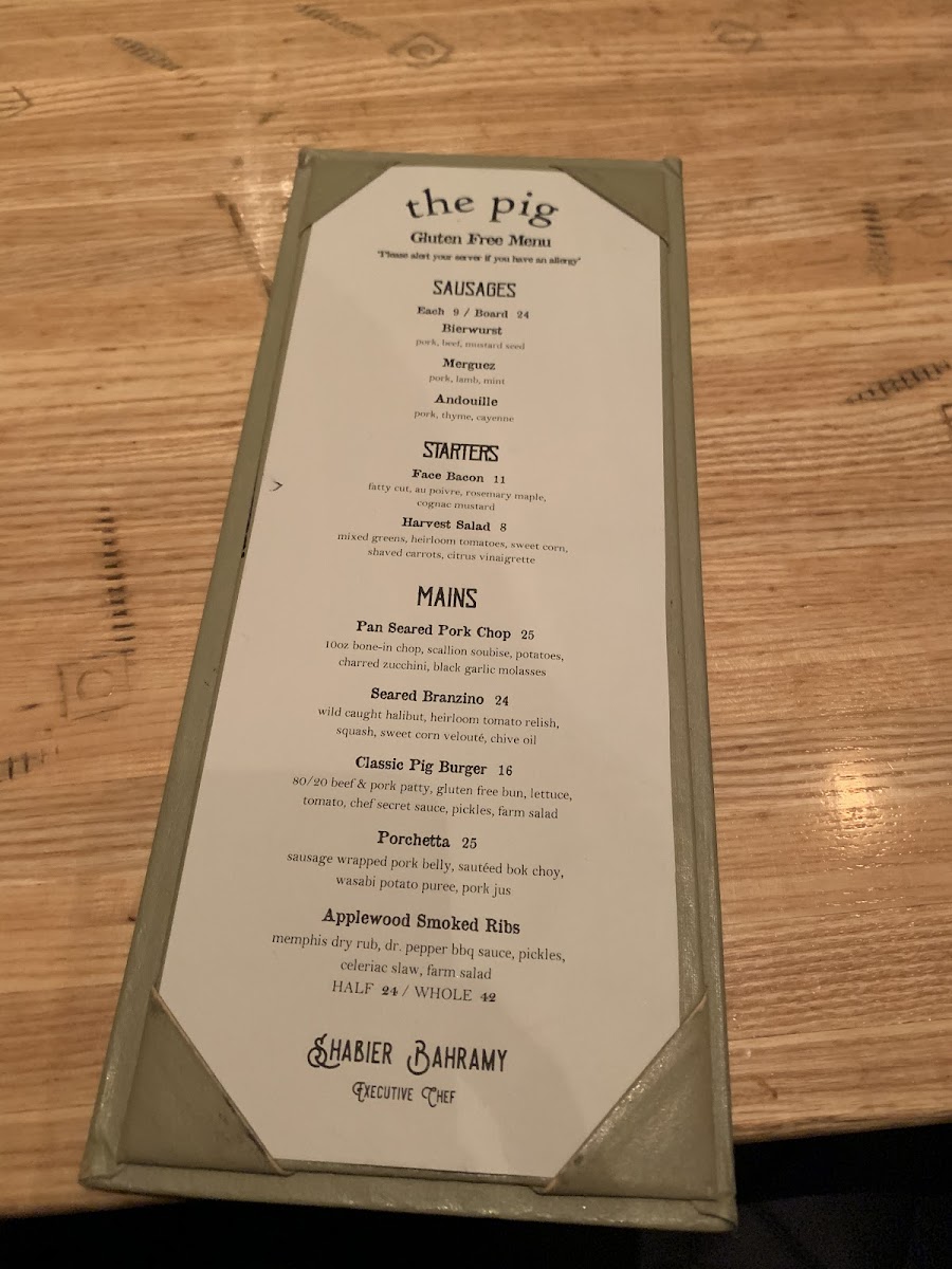 Gluten Free Dinner Menu