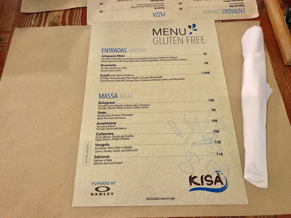 KISA' Real Italian Food gluten-free menu