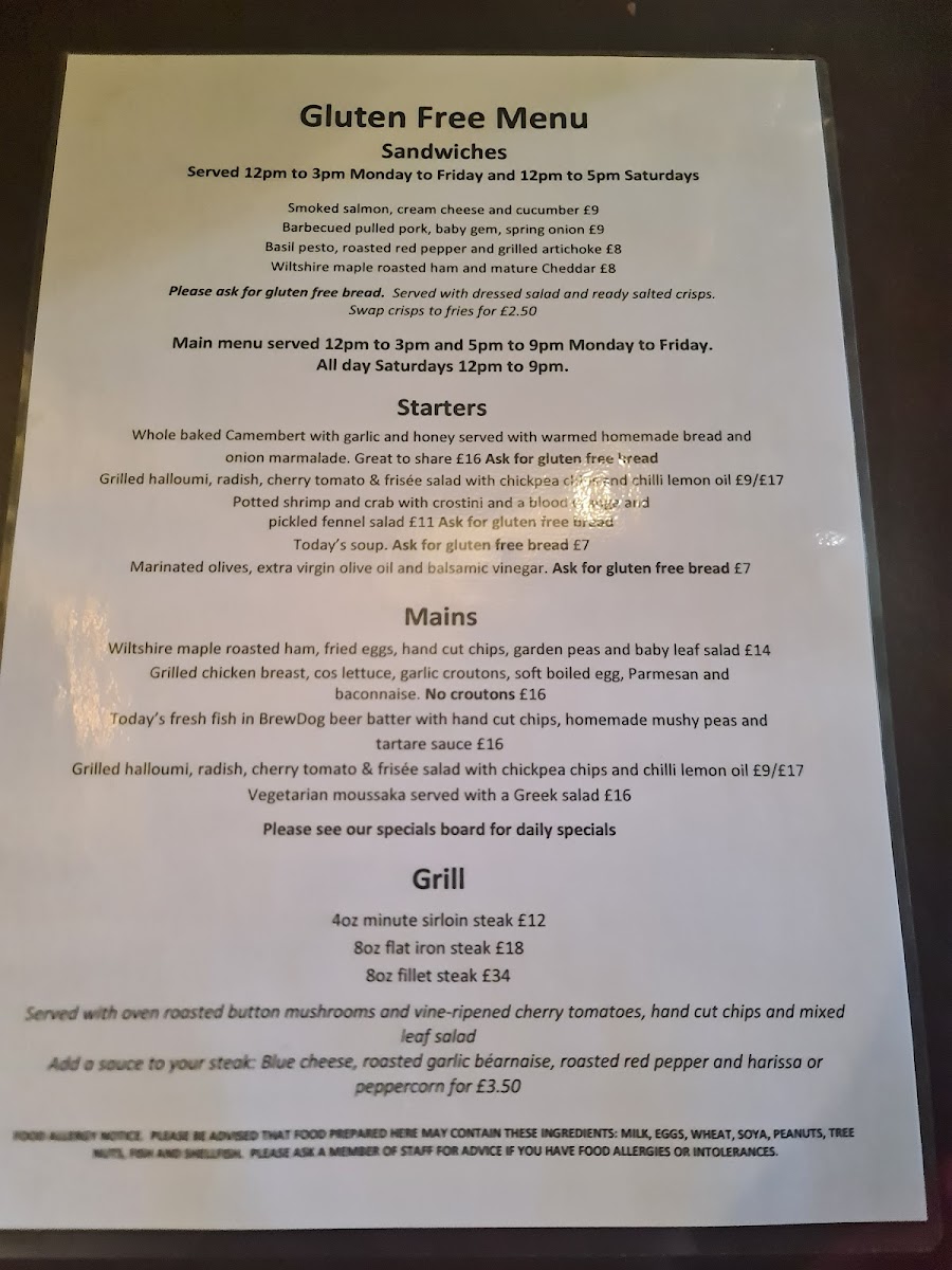 The Plough on the Hill gluten-free menu