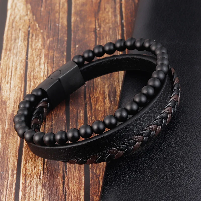 Bracciale in pietra lavica naturale, acciaio inossidabile e pelle – Un accessorio unico per uomo e donna, forza e stile per ogni occasione.