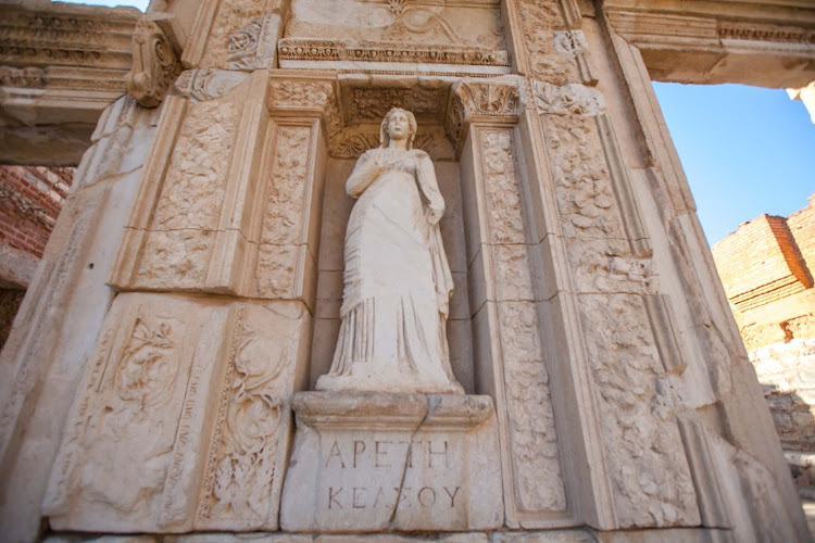 Four statues on the front side of the Library of Celsus depict Wisdom, Virtue, Intellect and Knowledge.