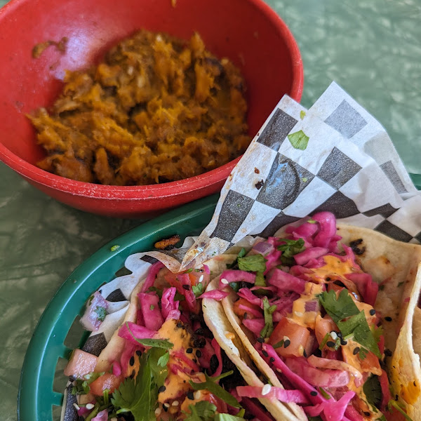 Tempeh tacos and sweet potato hash.  Delicious!