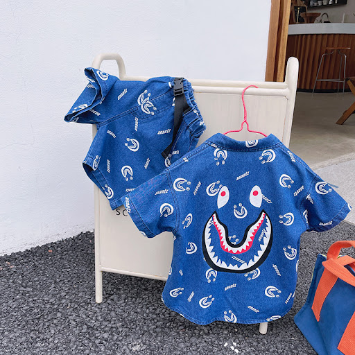 Title 2, Childrens Full-print Cartoon Denim Shirt Short...