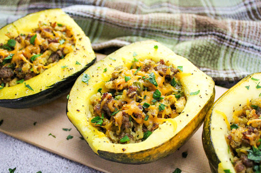 Sausage Stuffed Acorn Squash ready to be served.