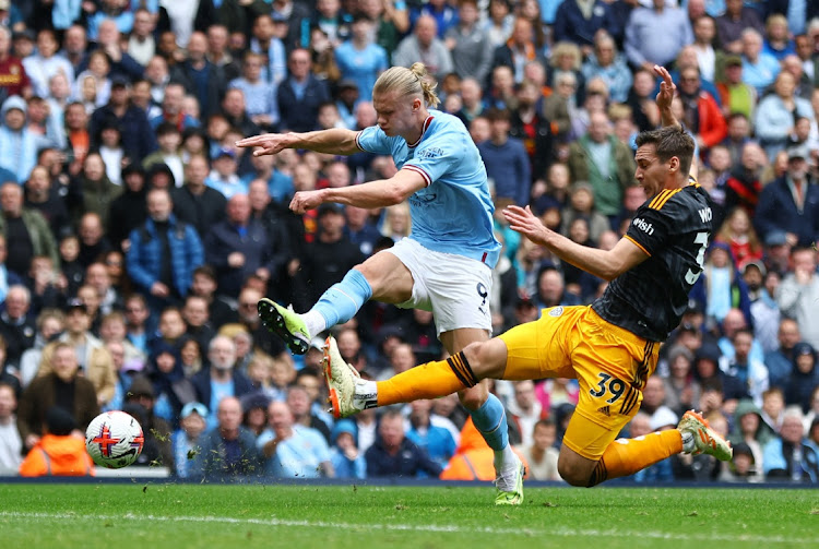 Manchester City's Erling Braut Haaland and Leeds United's Maximilian Wober vie for the ball at the Premier League match at Etihad Stadium in Manchester, Britain, May 6 2023. Picture: LEE SMITH/REUTERS