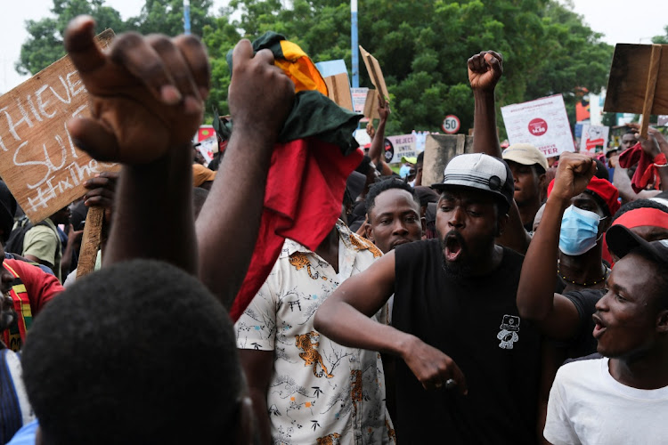 Ghanaians chant during antigovernment protests in Accra, Ghana, September 23 2023. Picture: FRANCIS KOKOROKO/REUTERS