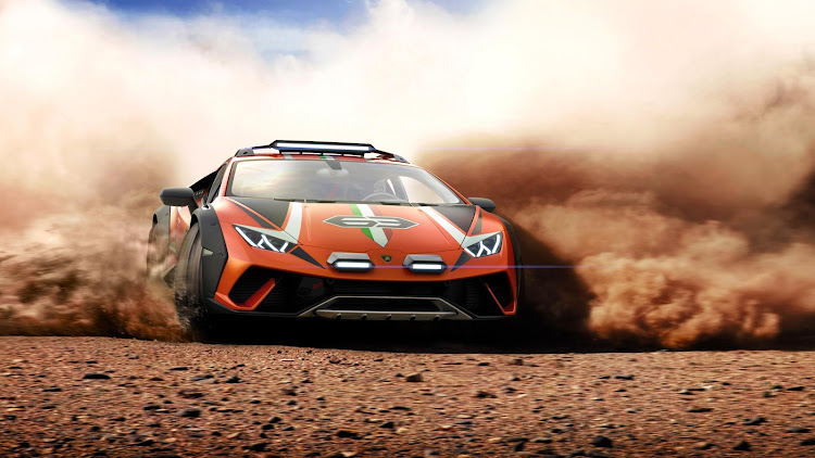 Protective skid plates and chunky offroad tyres with inflated wheel arches help turn the Huracán into a dirt-muncher.