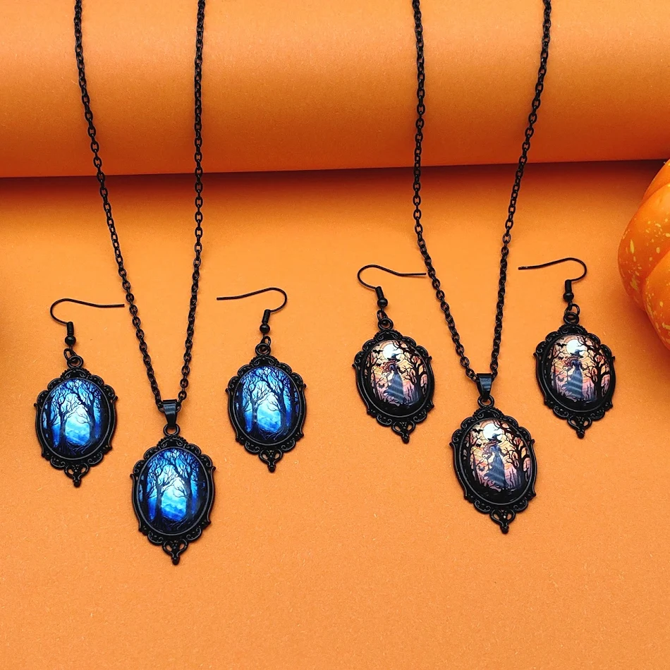 Conjunto de collar y pendientes de Halloween vintage, 3 piezas, árbol de la vida y bruja, aleación, perfecto para disfraces.