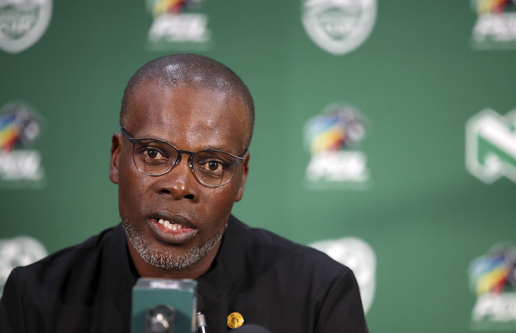 Kaizer Chiefs coach Arthur Zwane at a press confernce at the PSL offices in Parktown, Johannesburg, on April 13 before their Nedbank Cup quarterfinal clash against Royal AM.