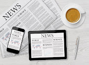 News page on tablet, mobile phone and newspaper