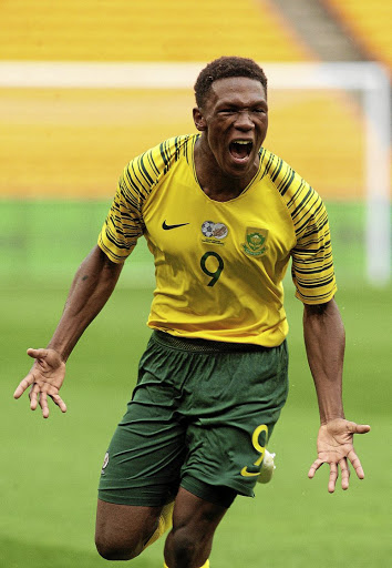 Bafana striker Lebo Mothiba celebrates after scoring during the 2019 Africa Cup of Nations qualifier against the Seychelles at FNB Stadium on Saturday. SA earned a record-setting 6-0 victory over the islanders.