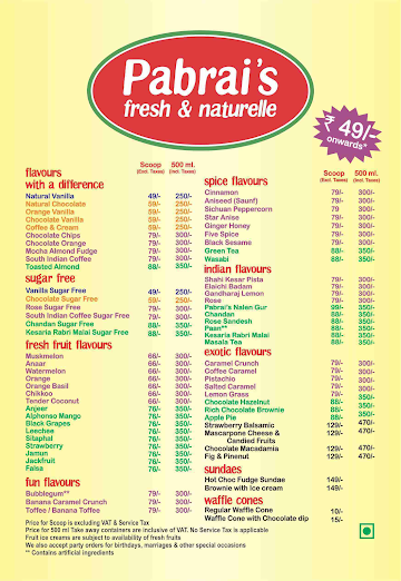 Pabrai's Fresh And Naturelle Ice Creams menu 