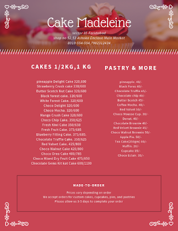 Cake Madeleine menu 