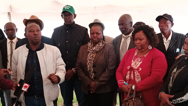 Machakos CCU gubernatorial candidate Nzioka Waita with his running mate Francis Mwangangi receiving Wiper party defectors at Raphael Mwangangi Memorial Centre in Machakos town on Friday, July 8.