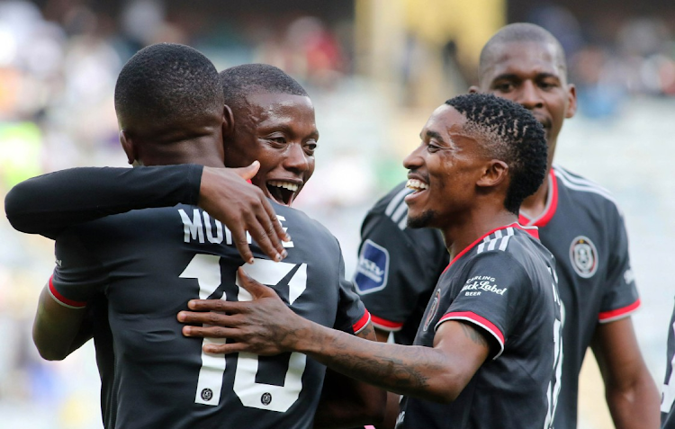 Orlando Pirates players celebrate their first goal against Cape Town City in their DStv Premiership match at Orlando stadium on April 22 2023.