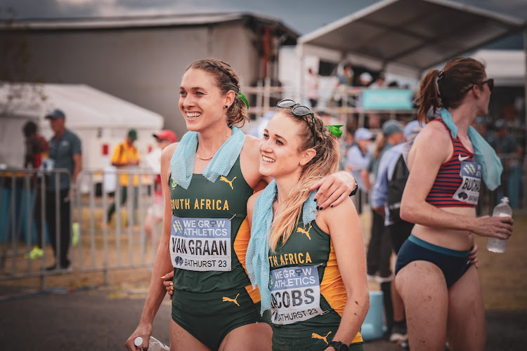 Aynslee van Graan and Kyla Jacobs all smiles at the finish of the recent World Cross-country Championships. Picture: LUKE O'SHEA