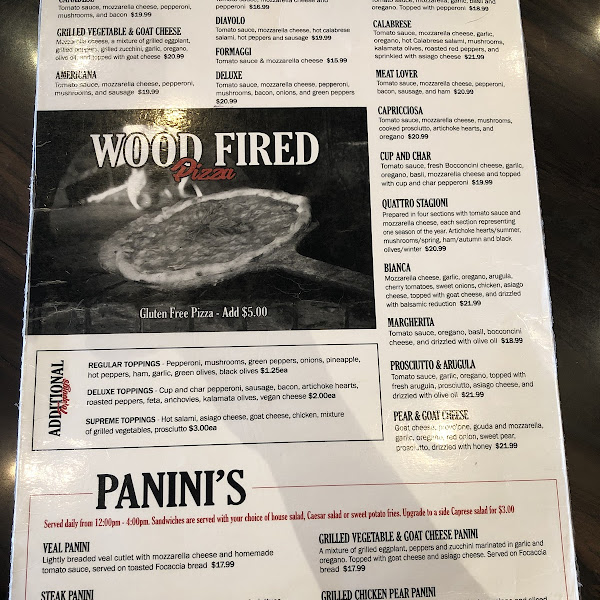 Wood burned pizza. Separate oven for the gluten free pizza. Vegan cheese available. They don’t have bread so we can’t do the panini but I finally found safe food!