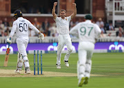 Proteas fast bowler Anrich Nortje celebrates the wicket of England's Ben Foakes on day one of the first Test at Lord's.