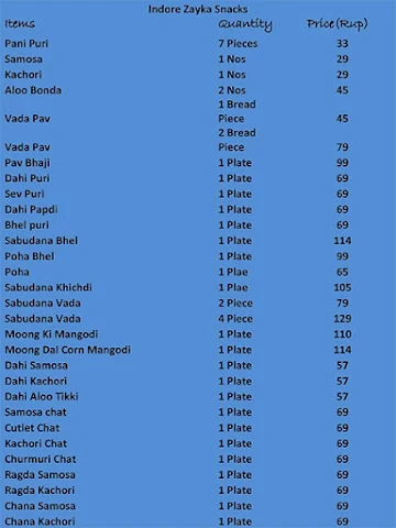 Indore Zayka Snacks menu 