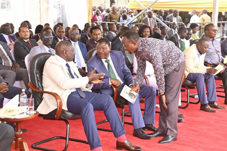 President William Ruto, Speaker of the National Assembly Moses Wetang'ula and Trans Nzoia Governor George Natembeya during ordination and installation of Rev Henry Juma Odonya as Bishop of Catholic Diocese of Kitale on January 21, 2023.