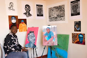 TUT student Wanda Gqala displaying his expressive art work that deals with deep emotions.
