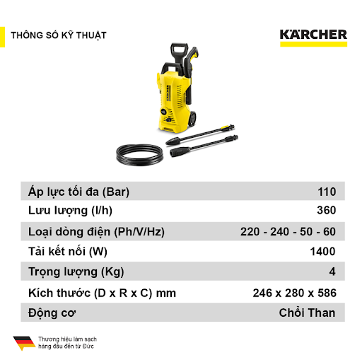 Máy xịt rửa xe Karcher K2 Power Control 1400W - Máy phun rửa 110 bar áp lực cao, tích hợp đầu phun thẳng điều chỉnh lưu lượng nước