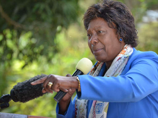 Kitui governor Charity Ngilu addressing residents of Kyanika area in the outskirts of Kitui town on August 7,2018