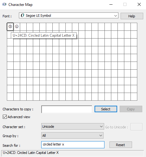 searching for Circled X symbols text in character map view