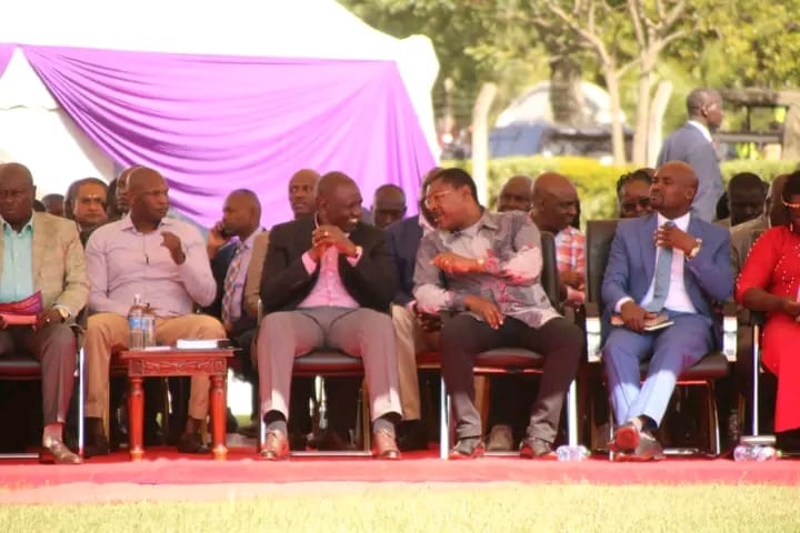 President William Ruto, National Assembly speaker Moses Wetangula, Bomet Governor Hillary Barchok, his wife Selina Barchok, former Bomet during thanksgiving prayer service at Bomet Green Stadium on January 15.