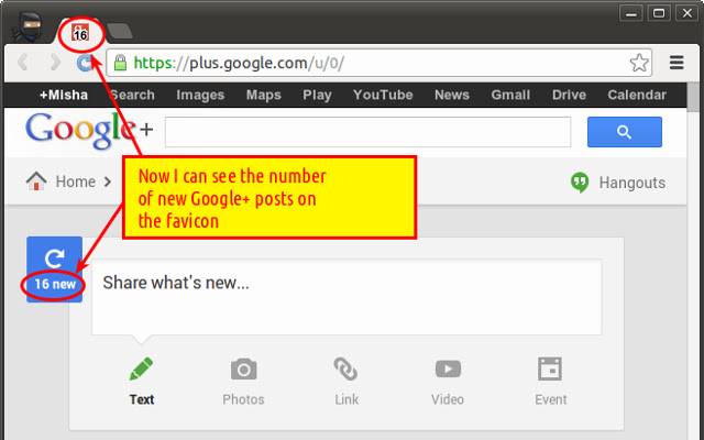 Favicon counter for Google+ chrome extension