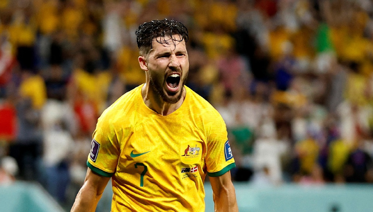 Australia's Mathew Leckie celebrates scoring their first goal in the Fifa World Cup Qatar 2022 Group D match between Australia and Denmark at Al Janoub Stadium in Al Wakrah, Qatar, on November 30 2022 Picture: REUTERS/JOHN SIBLEY