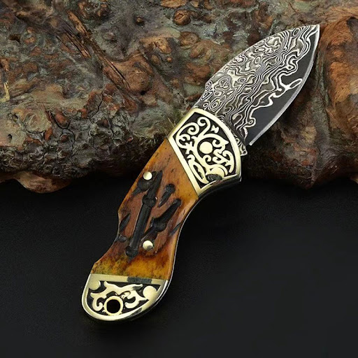 Title 2, Brown Ox Bone Carved Pure Brass Handle Damascus...