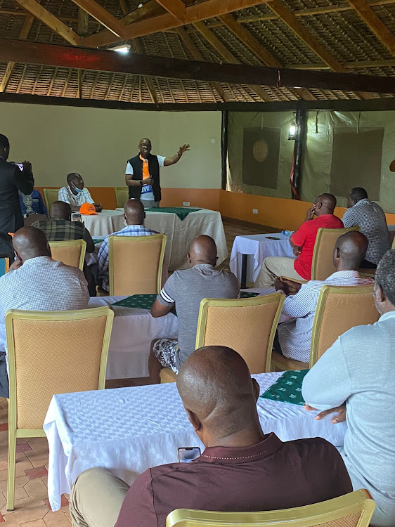 Businessman Jimmy Wanjigi during a meeting with Migori MCAs in Kisumu on September 19, 2021. PHOTO/MAURICE ALAL