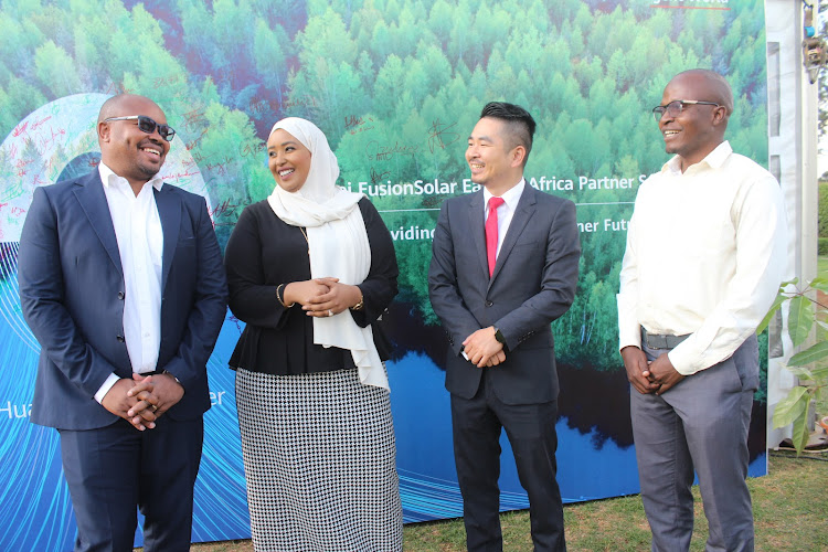 Huawei Business Development executive manager Victor Koyier, Rehub public relations manager Hodan Osman, Huawei Kenya deputy CEO Wan Wei and EPRA Senior Renewable energy officer Nickson Bukachi during Huawei Fusionsolar Eastern Africa partner summit 2022 at Windsor Golf Hotel and Country Club, Nairobi on June 10, 2022/ANDREW KASUKU