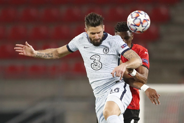 Chelsea's Olivier Giroud headers the ball in the Champions League Group E match against Stade Rennes at Roazhon Park, Rennes on November 24, 2020