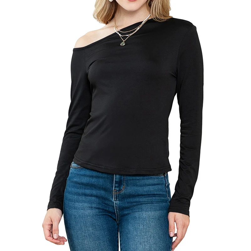 Top de manga larga para mujer, ajuste entallado, color sólido, simple y versátil, ideal para cualquier ocasión, un básico esencial.