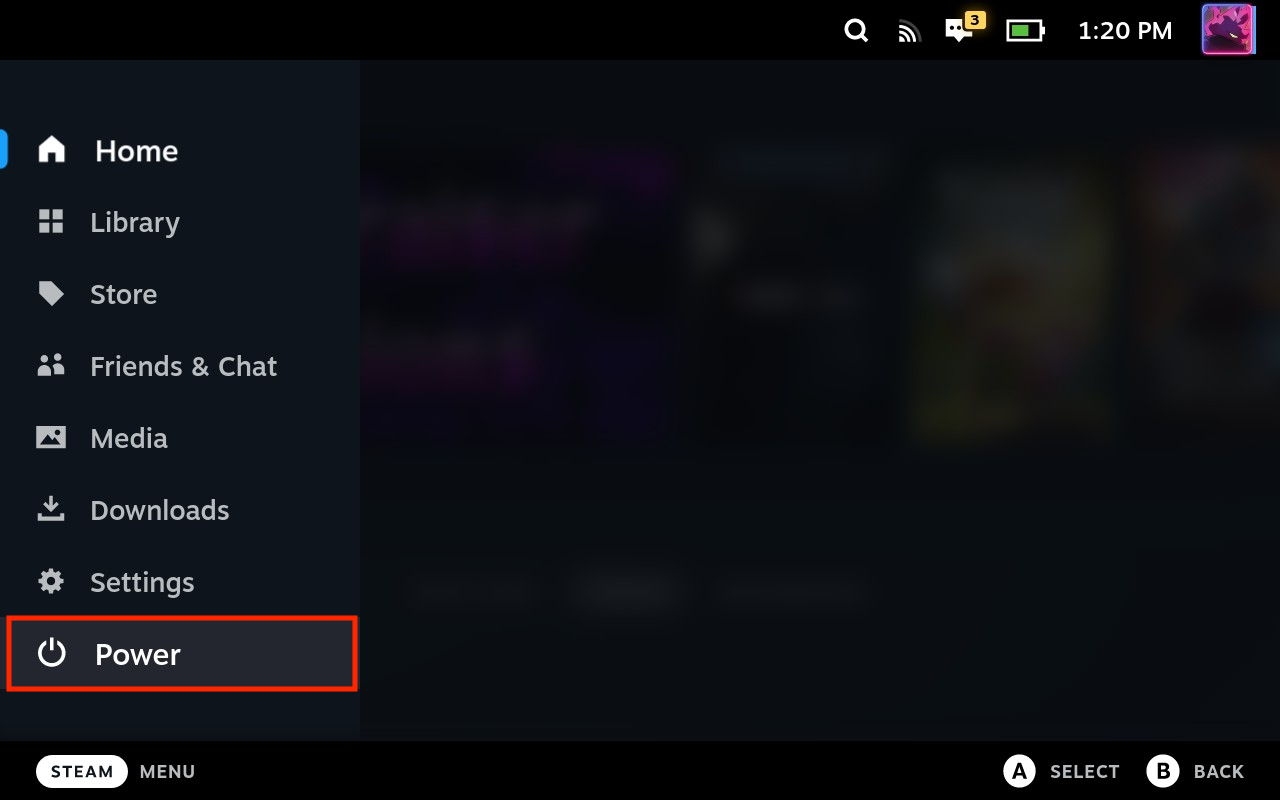 Steam Deck menu showing Power option highlighted.