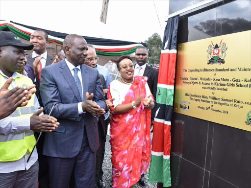 Deputy President William Ruto during the launch of construction works of the 55km Captain-Ndemi-Wanjohi-Kwa Matu-Geta-Kahuruko-Ndunyu Njeru road, Ol Kalou, Nyandarua county, November 26, 2018. /DPPS