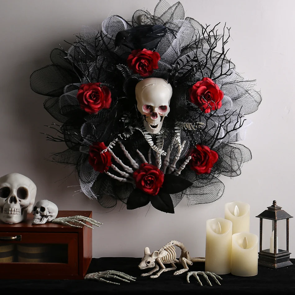 Guirlande Halloween tête de mort rose rouge en mesh Décoration suspendue de porte effrayante et festive pour votre maison