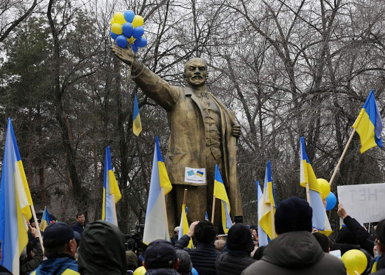 Demonstrators take part in an anti-war protest in front of the monument to Soviet state founder Vladimir Lenin, in Almaty, Kazakhstan, March 6 2022. Picture: PAVEL MIKHEYEV/REUTERS