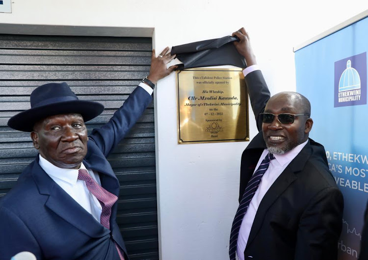 Police minister Bheki Cele, left, and eThekwini mayor Mxolisi Kaunda at the launch of eTafuleni satellite police station in Inanda, north of Durban.