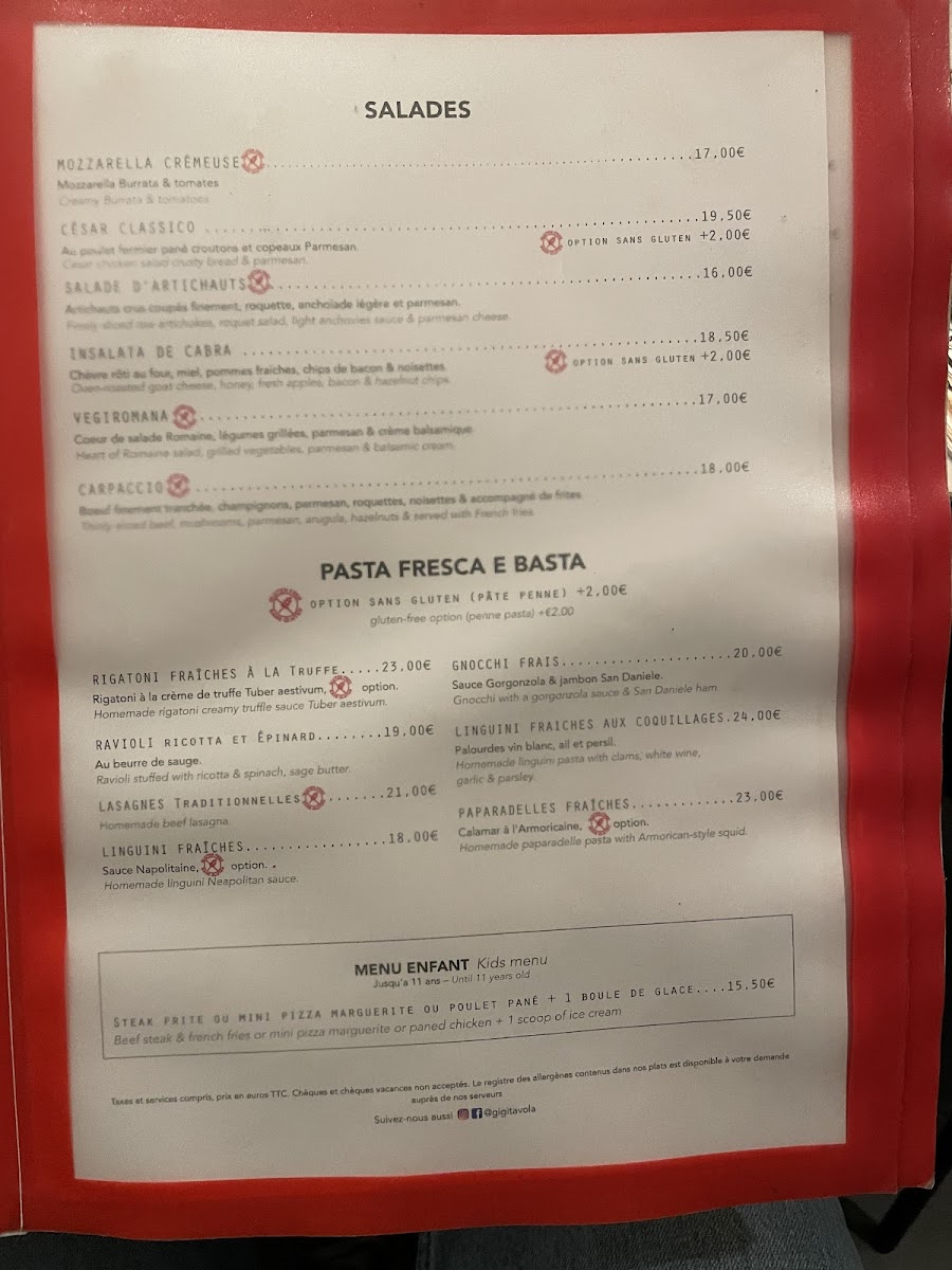 GiGi Tavola gluten-free menu