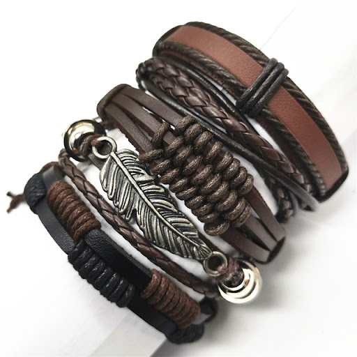 Title 1, Black Feather Mens Bracelet 5 Pieces Set Wrist...