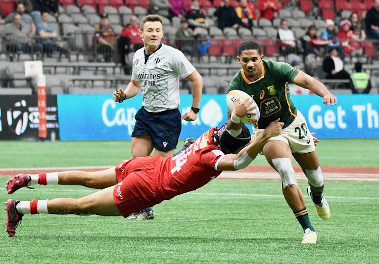 Shilton van Wyk on the run for the Blitzboks in their match against Canada on day 3 of the HSBC Canada Sevens at BC Place in Vancouver on March 5 2023.