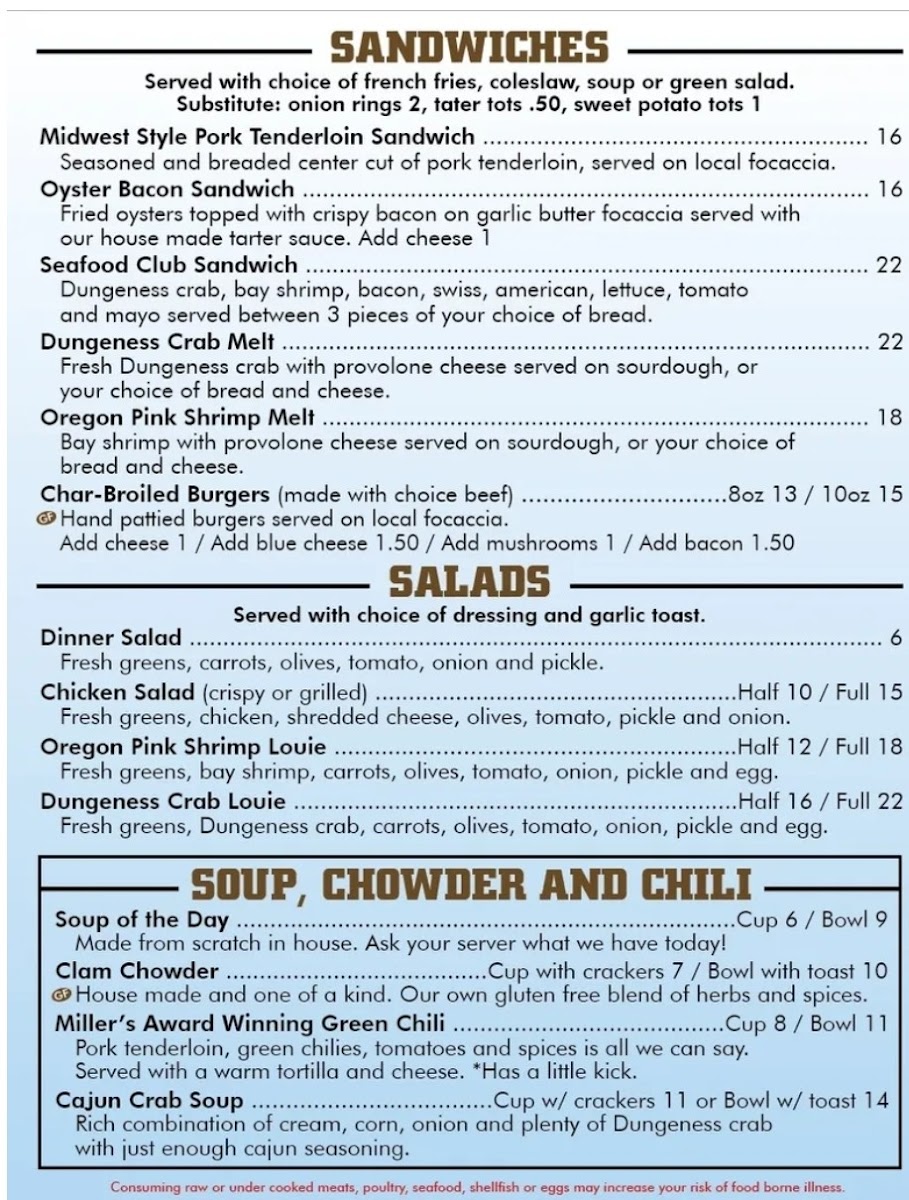 Miller's at the Cove Sports Bar & Grill gluten-free menu