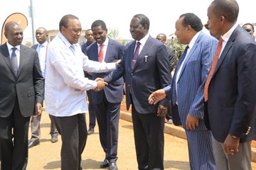 President Uhuru Kenyatta, ODM leader Raila Odinga, Deputy President William Ruto and other leaders during the official opening of Bidco's Industrial Park in Ruiru, Kiambu County on July 25, 2019.