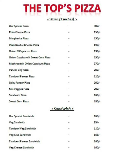 The Top's Pizza menu 