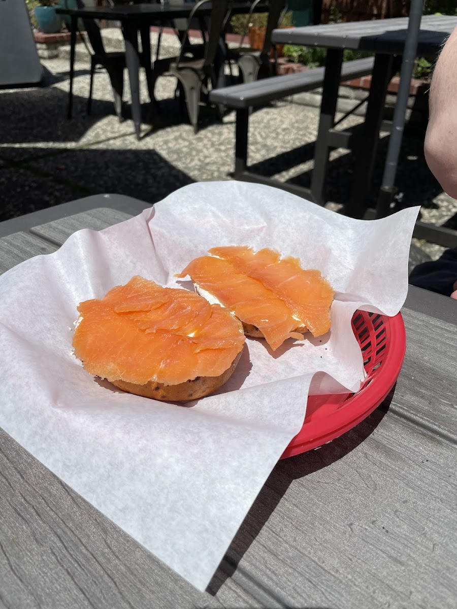 GF everything bagel with lox and goat cheese