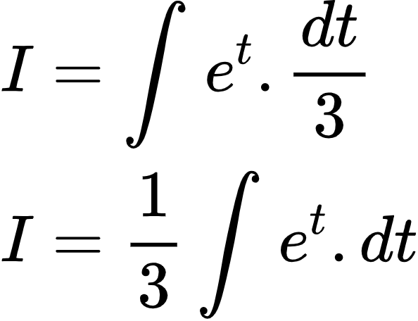 {"type":"align*","code":"\\begin{align*}\n{I}&={\\int_{}^{}e^{t}.\\frac{dt}{3}}\\\\\n{I}&={\\frac{1}{3}\\int_{}^{}e^{t}.dt}\t\n\\end{align*}","id":"31-1-0","font":{"family":"Arial","size":10,"color":"#000000"},"ts":1601801821632,"cs":"wOwUs93zBV07+FaNCSJzGQ==","size":{"width":98,"height":76}}